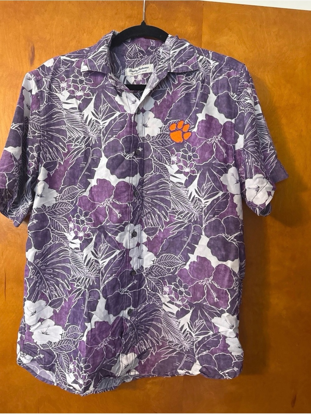 Clemson Tigers Tommy Bahama B Purple Floral Short-Sleeve Shirt